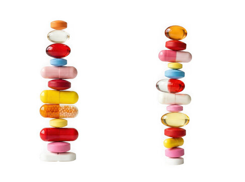 Two vertical stacks of various colorful pills and capsules isolated on transparent background