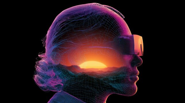 Virtual reality headset with sunset landscape inside