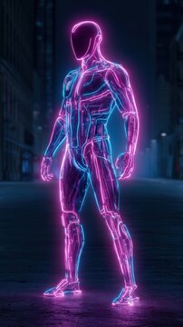 Futuristic robot standing on city street at night