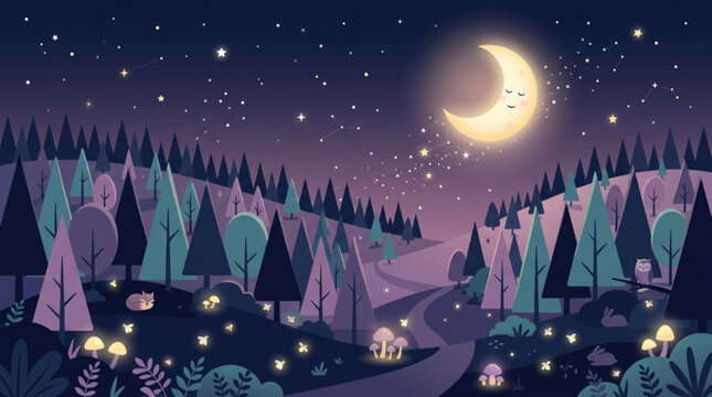 Enchanted forest scene with glowing mushrooms and sleeping animals under a smiling crescent moon in a starry night sky vector illustration