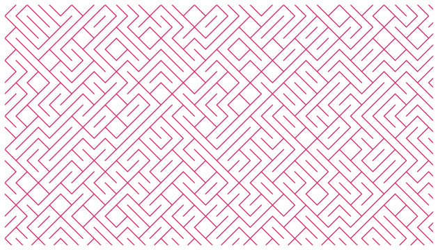 Abstract geometric maze pattern background with thin red lines on white backdrop.