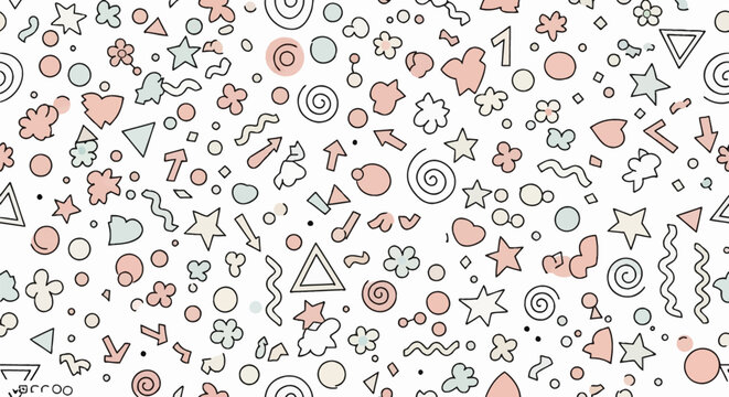 Seamless Memphis geometric pattern featuring hand-drawn pastel pink and mint green stars, circles, triangles, arrows, and floral doodles with black outlines on white background.