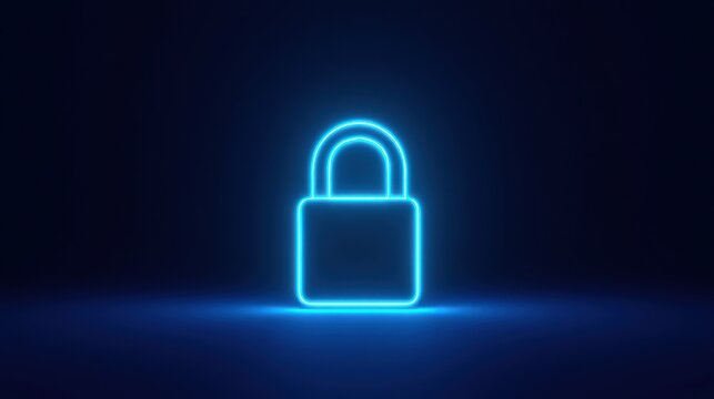 Blue neon padlock icon on dark background