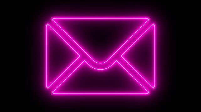 Neon pink glowing envelope animation on black background, for digital communication, concepts mail email
