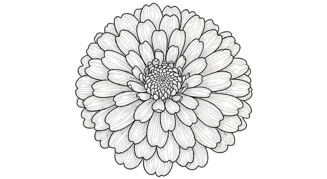 A detailed black and white line art illustration of a blooming zinnia flower.
