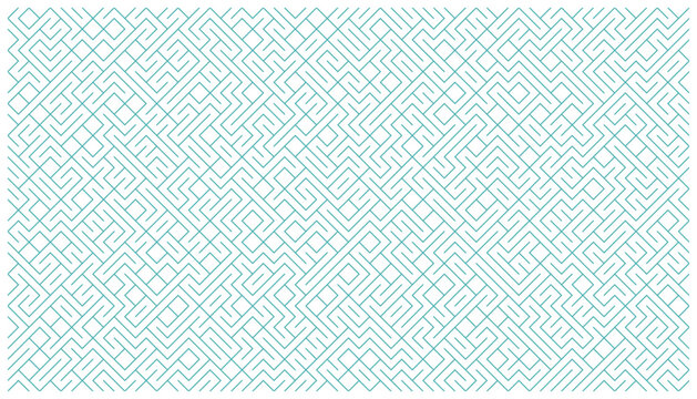Abstract geometric maze pattern background with thin teal lines on clean white backdrop.