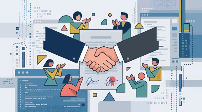 Business Partnership Agreement Celebration with Two Hands Shaking Over Signed Document, Stylized Figures Applauding in Background, Digital Interface and Binary Code Elements, Flat Vector Illustration