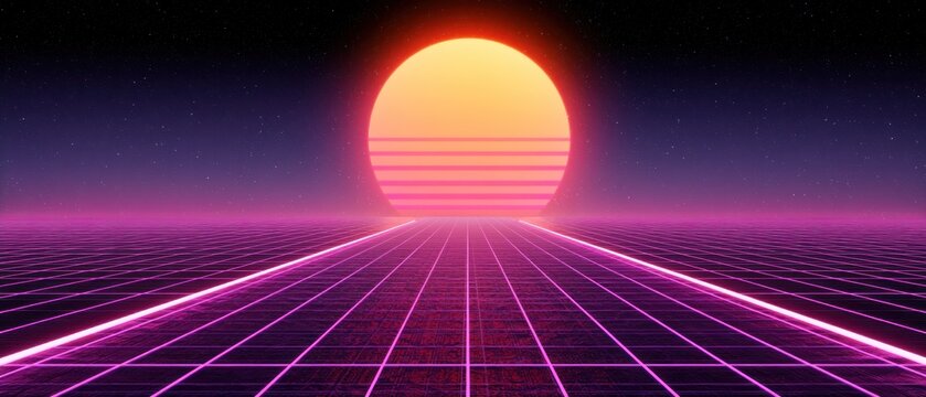 Retro futuristic landscape with neon grid