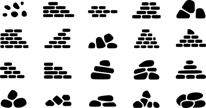 Scenic outdoor geological landforms and desert rock formations vector silhouette icon set featuring minimal line art accents, mountain peaks, stone arches, and stacked zen stone towers.