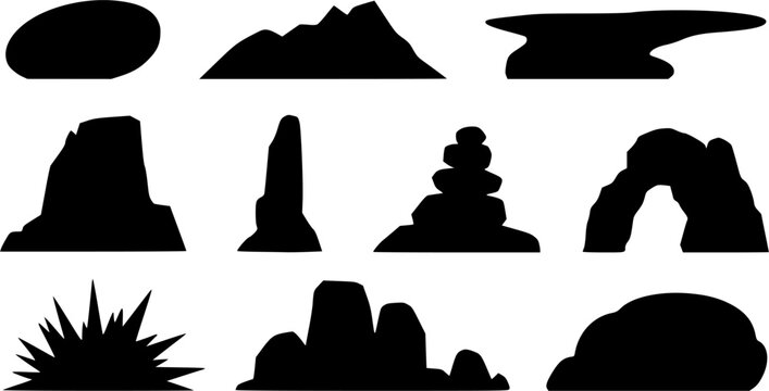 Scenic outdoor geological landforms and desert rock formations vector silhouette icon set featuring mountain peaks, stacked balancing stones, natural arches, canyons, and stone hills.