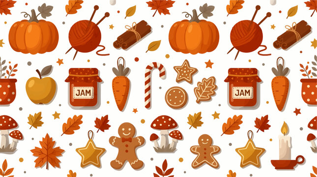 Flat Vector Seamless Pattern of Autumn and Winter Objects, featuring Pumpkins, Gingerbread Cookies, Yarn, and Jam Jars on White Background