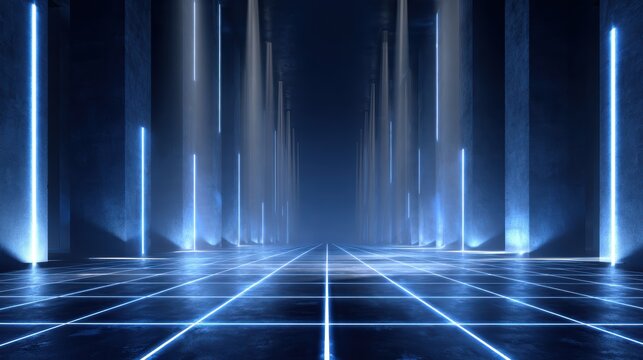 High-tech corporate presentation stage with dark chrome textures and blue glowing grid floor patterns, perfect for cyber security conference, big data analytics and digital infrastructure technology.