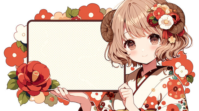 羊の角と花飾りが印象的な２０２７年用日本アニメ風メッセージカード、年賀状、着物、少女、和風、和柄、椿、かわいい、華やか、上品、正月、迎春、新春、賀詞、背景、装飾、フレーム、テンプレート、コピースペース、挨拶、祝い、年始、冬、縁起物、伝統、和装、カードデザイン、印刷素材、広告、販促、壁紙、表紙、ポスター、季節素材、人物イラスト、記念素材、ポストカード、デザイン素材、背景素材、台紙素材、招待状、和雑貨