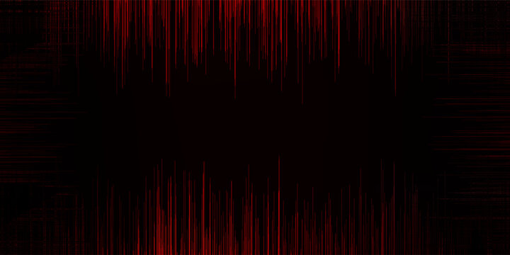 Abstract dark background featuring a digital frame effect of sharp red vertical lines and frequency soundwaves on a black backdrop with central copyspace.