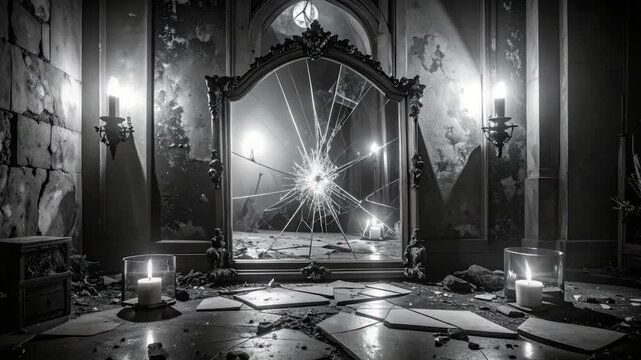 A broken mirror in a dim, decaying room, lit by candles and sconces