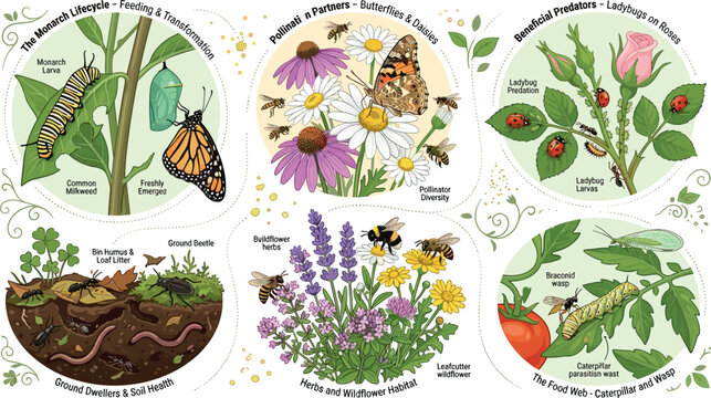 Garden Ecosystem and Insect Life Cycle Vector Set with Monarch Metamorphosis Pollinators Beneficial Ladybugs Soil Organisms and Tomato Hornworm Pests