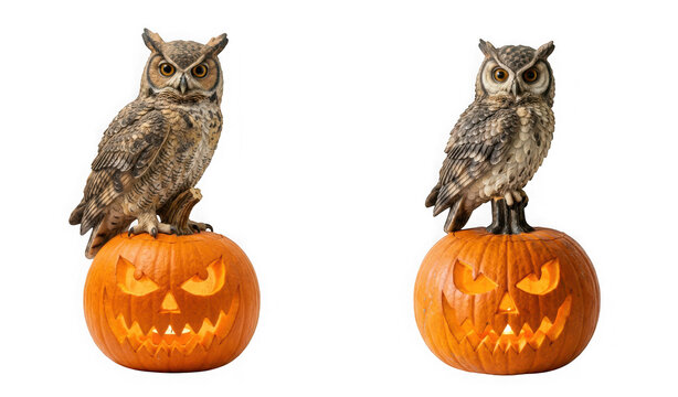 Two realistic owl figurines perched on glowing jackolanterns isolated on transparent background