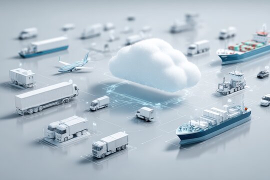 Connected logistics ecosystem with ships trucks and planes icons linked by digital data network around cloud center, integrated supply chain management solution for global transportation industry.