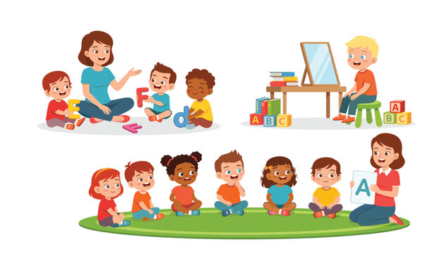 Cute cartoon kids in kindergarten learning alphabet with teacher sitting on floor and practicing speech therapy mirror exercises
