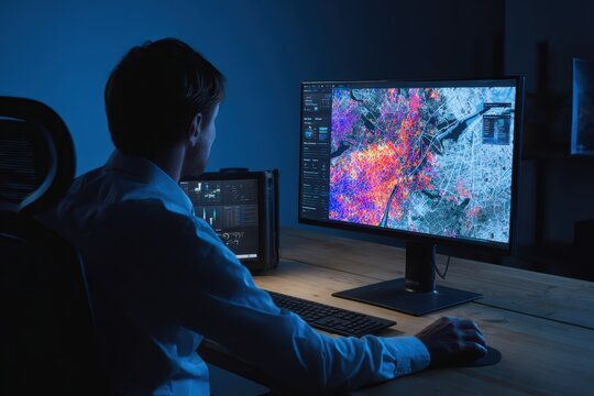 Data scientist working on ai dashboard displaying emission heatmap across industrial zones in modern tech office representing ai powered ESG data analysis and government climate monitoring strategy.
