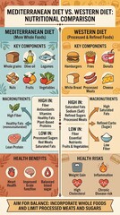 Naklejka premium Comparison of mediterranean and western diet nutritional benefits