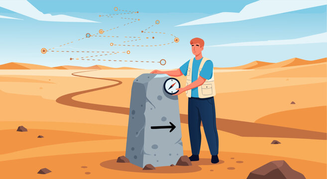 A flat illustration vector design of a desert explorer checking a navigation compass on a stone path marker for strategic route planning