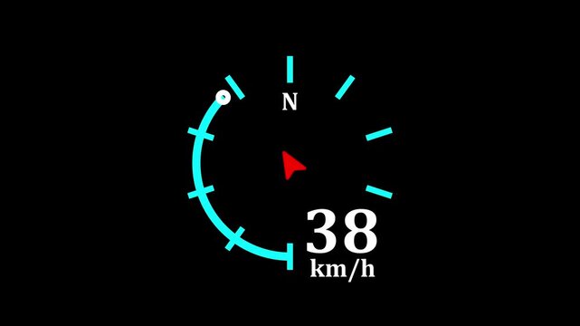Futuristic cyan digital HUD speedometer and compass indicator displaying 75 km/h speed on black background