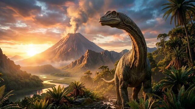 barosaurus dinosaur near volcano landscape usa morning sunrise beautiful video