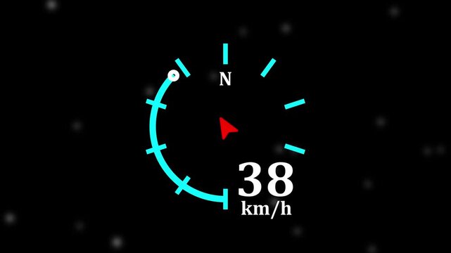 Digital speedometer and compass HUD interface displaying 75 km/h on a black background with glowing particles.
