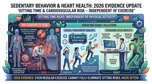 Infographic about sedentary behavior risks and heart health solutions