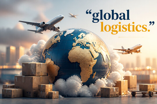 A globe surrounded by shipping boxes and airplanes in a city skyline setting.