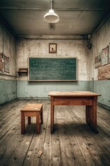 Fototapeta premium Rustic Classroom with Wooden Furniture and Chalkboard in Vintage School Setting