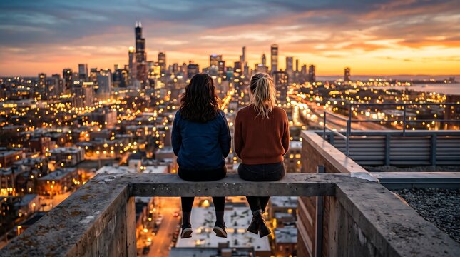 Two people sit on a rooftop admiring a city skyline at dusk with lights.