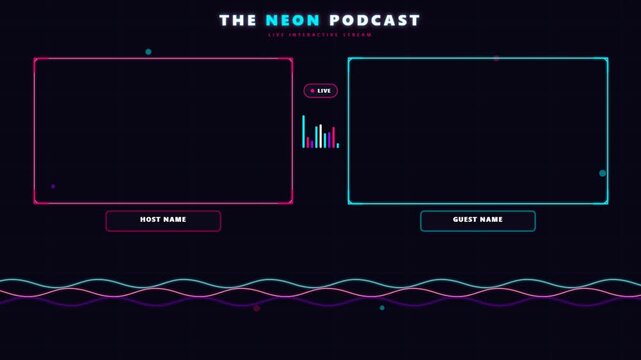 Modern neon podcast overlay template with dual video frames for host and guest.