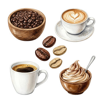 Watercolor Coffee Collection with Latte Art, Beans, Espresso, and Dessert