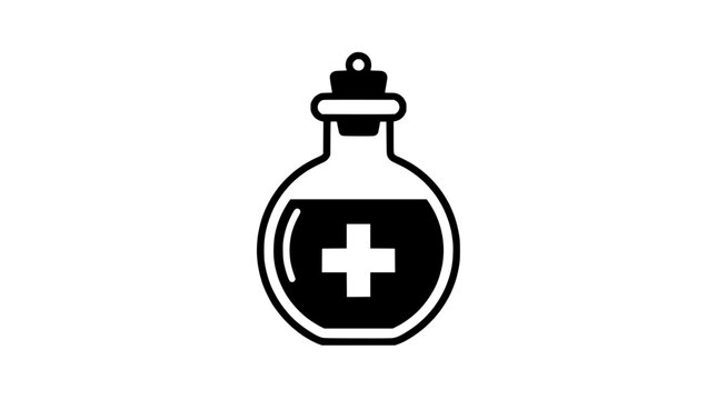 Medical potion bottle with cross symbol, healthcare icon, simple black and white graphic
