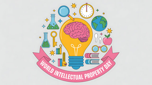 World intellectual property day illustration with lightbulb brain and icons