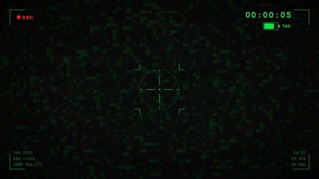 Suitable for video game development, films, and documentaries that require a futuristic night vision camera interface overlay effect.