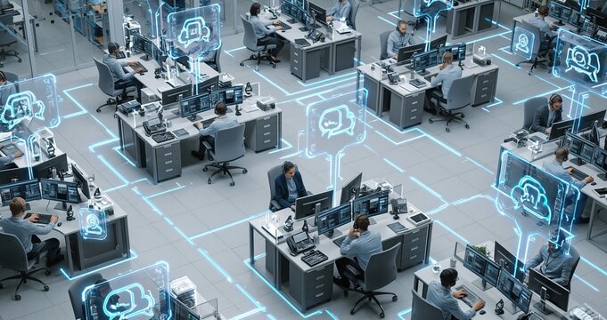 AI-powered office lab with holographic cloud icons and workers