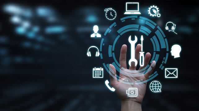 Hand interacts with digital interface icons for business technology