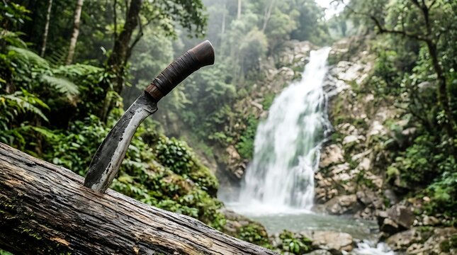 Handcrafted machete stuck in a log with a tropical waterfall backdrop