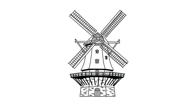 Detailed black and white line art illustration of a traditional dutch windmill with large sails and stone base.