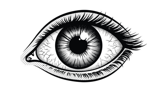 Detailed human eye illustration created with black ink stippling and dotwork techniques shows realistic iris and eyelashes on white.