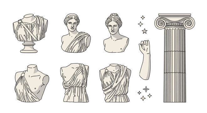 Collection of classical ancient Greek and Roman sculptures includes marble busts of goddesses and a majestic fluted ionic column on white.
