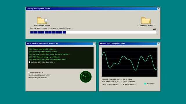 Retro Computer System Operations with Data Transfer Cybersecurity Scan and Network Throughput Display