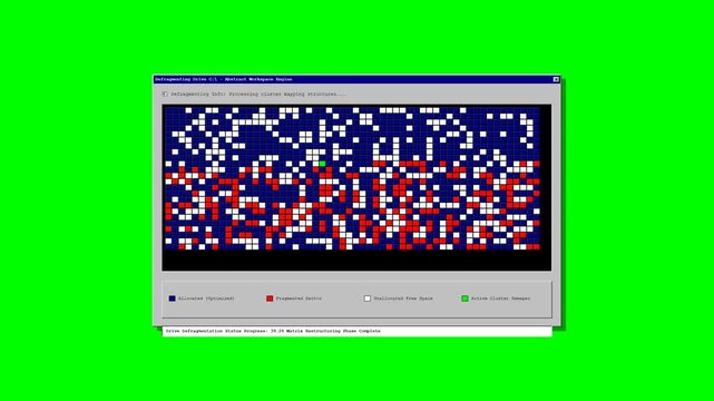 Retro Disk Defragmenter Animation on Green Screen Display Data Optimization Process