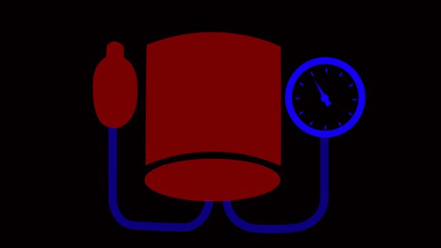 Sphygmomanometer icon displays a blood pressure measurement device with a gauge and pump bulb, rendered as a minimalist digital vector graphic on a dark solid background for modern medical interface.