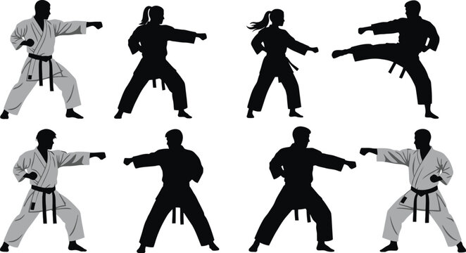 Martial arts silhouettes karate taekwondo and kung fu poses collection