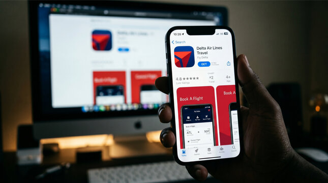In this photo illustration, the Fly Delta Air Lines Travel app is seen displayed on a smartphone screen held by a hand in front of a blurred desktop computer monitor with the same branding logo.