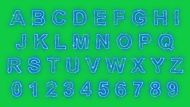 alphabet letters and numbers blue neon lights glowing font on green background animation ,chroma key uppercase letters gamer and technology motion design element